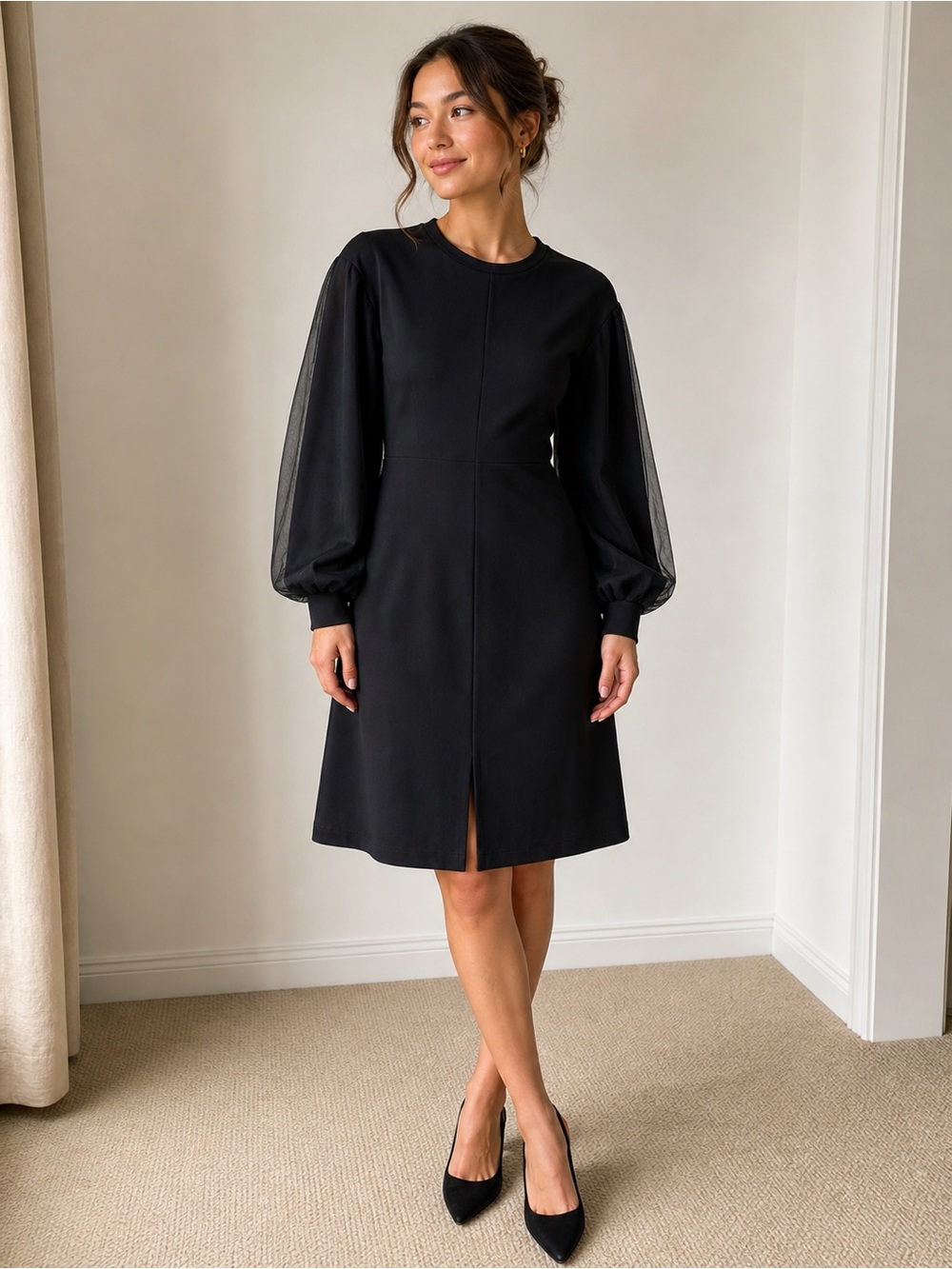 OAK + FORT Black A-Line Dress with Sheer Bishop Sleeves 👌🏻 never worn 💕